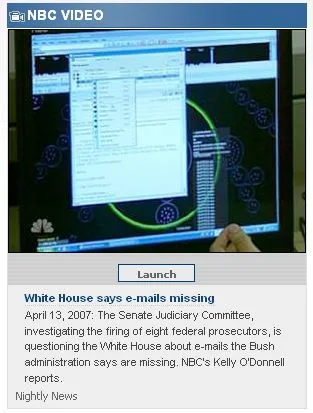 NBC's video player showing a 2007 Nightly News story headed White House says e-mails missing