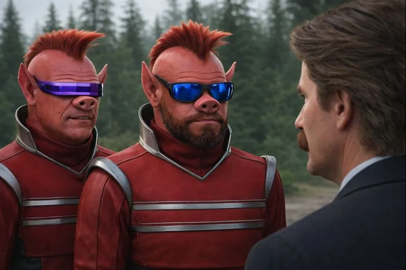 An AI-generated scene: two red-mohawked alien guards in sunglasses facing a mustached man in a suit