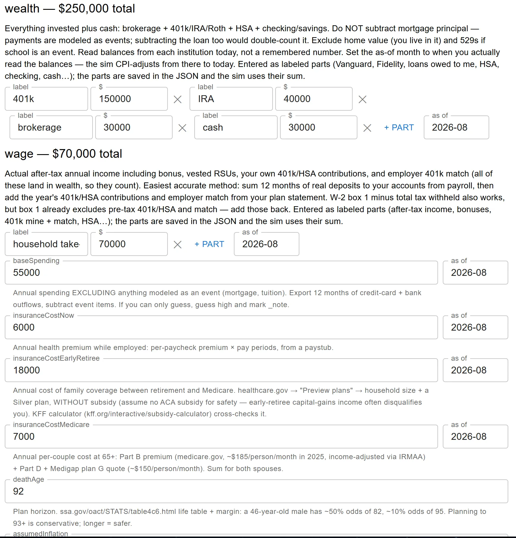 The retire-sim config tab: wealth, wage, spending, insurance and death-age fields with help text