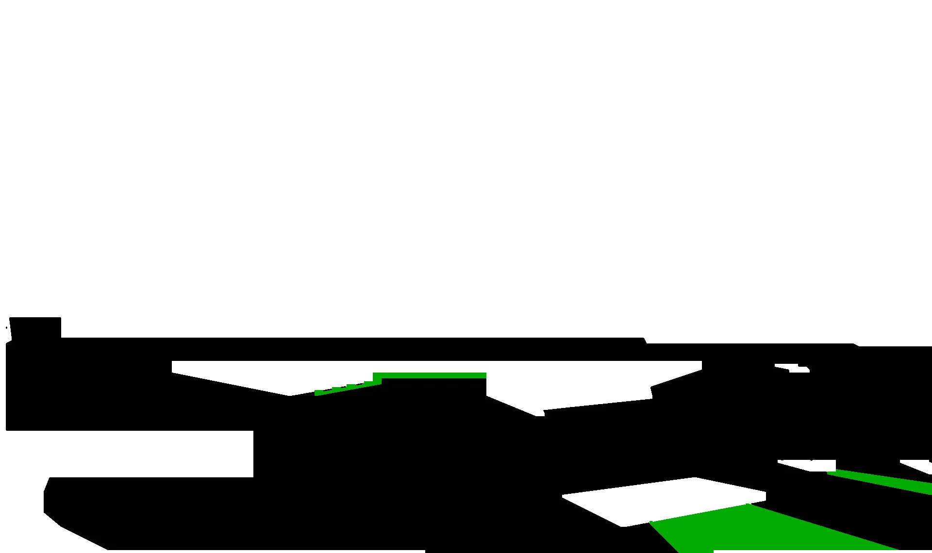 The same room's control map: mostly white, with black walkable bands and green event-trigger patches