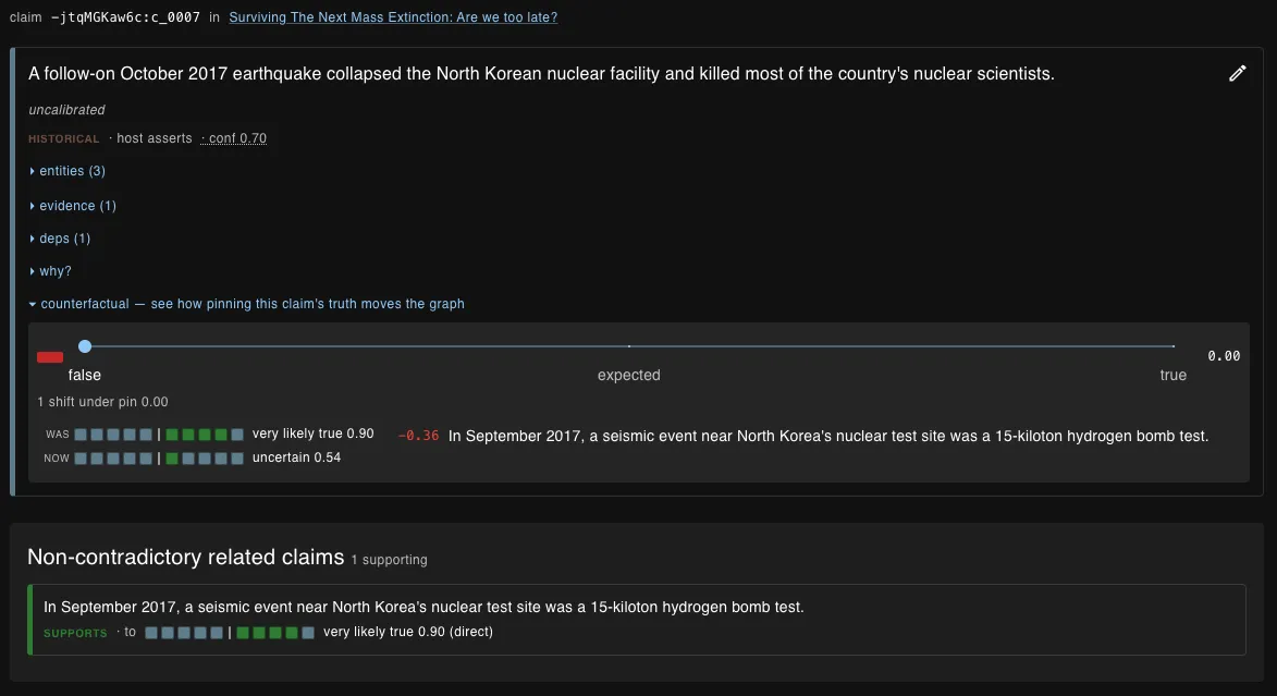 A claim card with its slider pinned to false; a related claim drops from 0.90 to 0.54