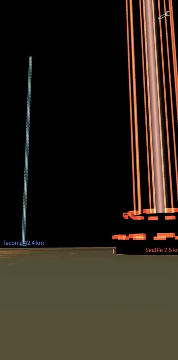 Phone screenshot of the data-pillar tower style: orange scrolling bands and rotating collar rings
