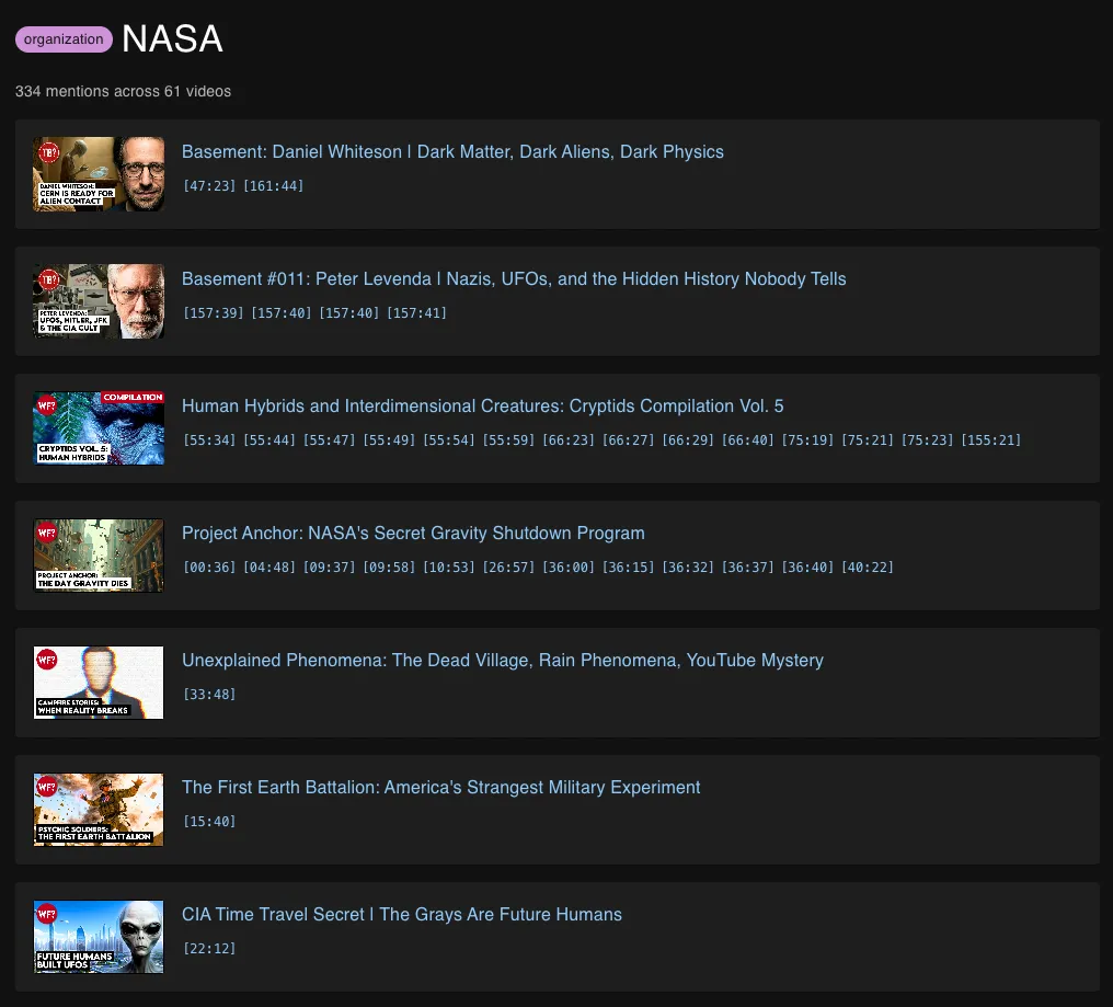The NASA entity page listing episodes with thumbnails, titles and transcript timestamps