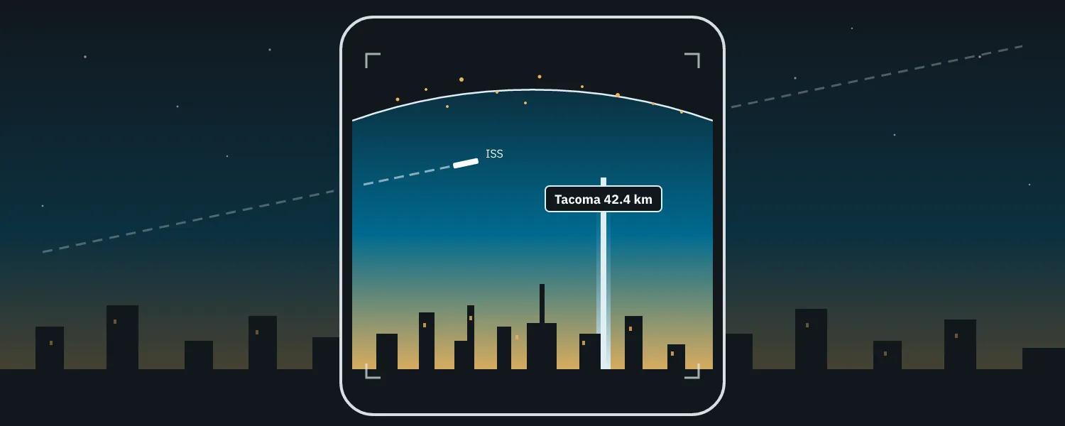 A phone above the Seattle skyline at dusk, its screen showing an AR tower, the Earth and the ISS
