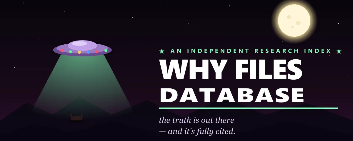 Why Files Database share card: a UFO beams down over dark mountains beside the site title and moon