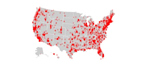 A US map covered in translucent red squares, one per ZIP code in the fatalencounters.org dataset