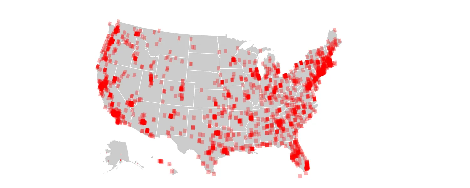 A US map covered in translucent red squares, one per ZIP code in the fatalencounters.org dataset