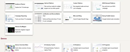 A grid of portfolio cards with screenshot thumbnails for ad platforms, DocMapper and D3 demos