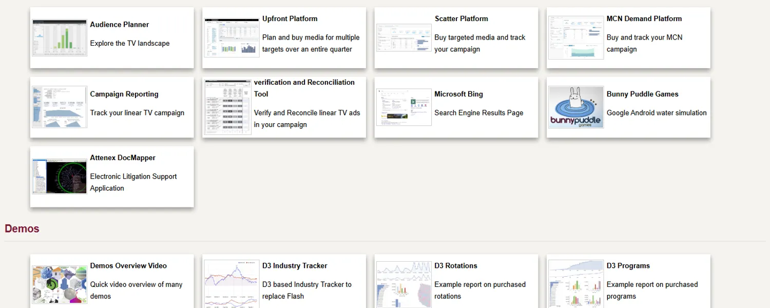 A grid of portfolio cards with screenshot thumbnails for ad platforms, DocMapper and D3 demos