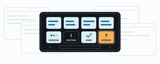 A Stream Deck whose eight lit keys show session names and states, one glowing amber for an approval