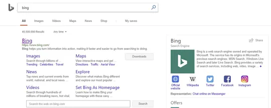 A Bing search results page for the query "bing", with a Bing entity card in the right rail
