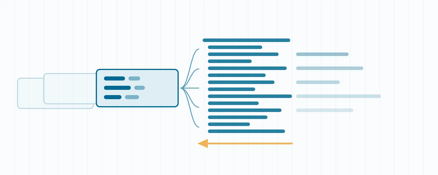 A compact card of values fanning out into a tall stack of code lines, with an arrow leading back