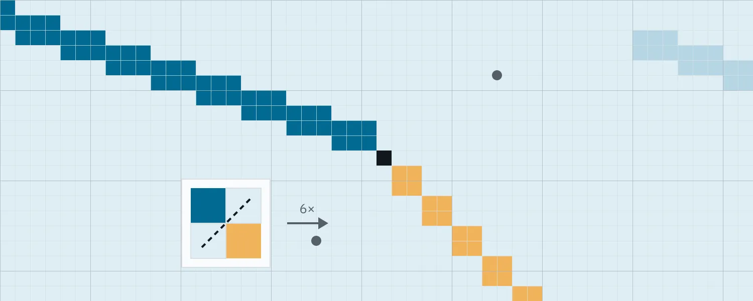 Two pixel-art staircase lines meet at a corner, a seal pixel at the junction, beside a 6-by-6 grid