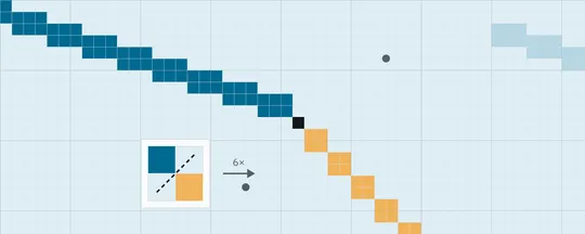 Two pixel-art staircase lines meet at a corner, a seal pixel at the junction, beside a 6-by-6 grid