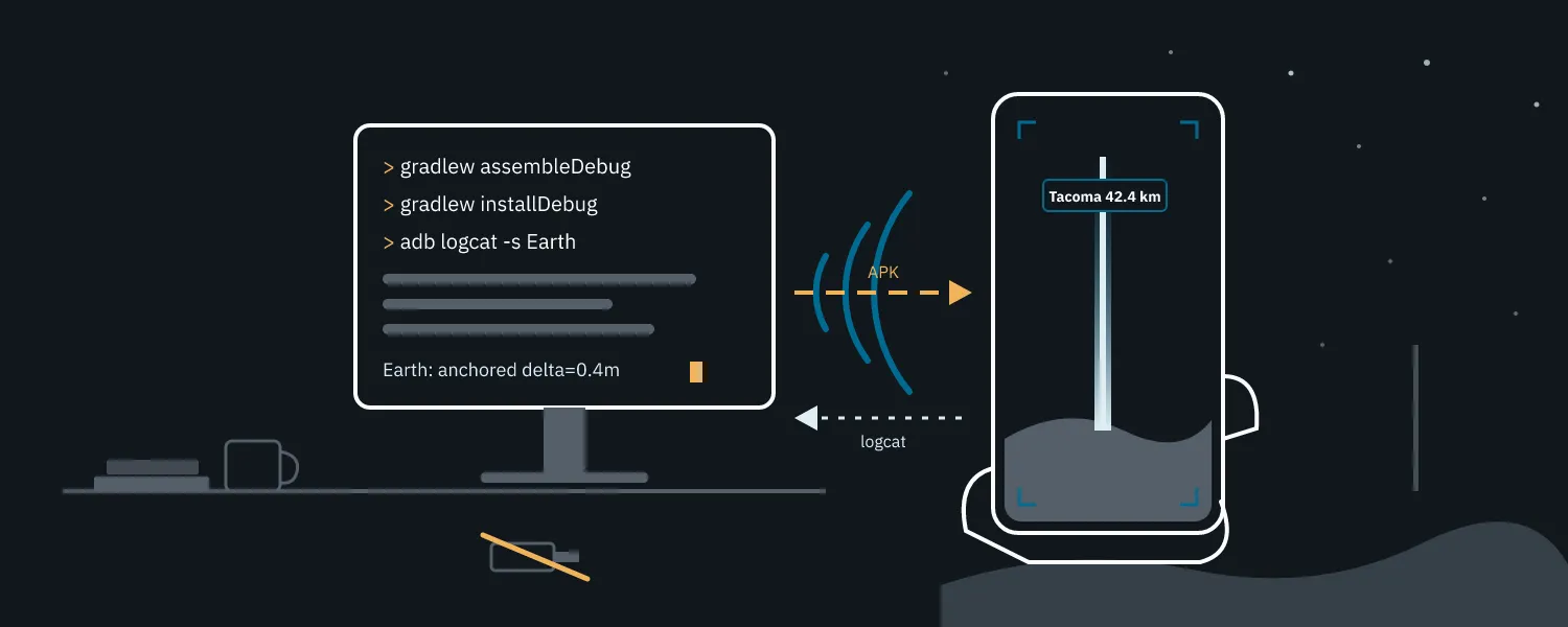 A terminal streams a build over wifi to a phone held up outdoors, its screen showing an AR tower