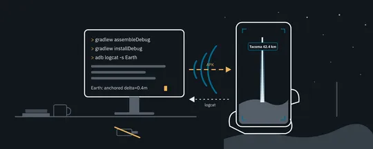A terminal streams a build over wifi to a phone held up outdoors, its screen showing an AR tower