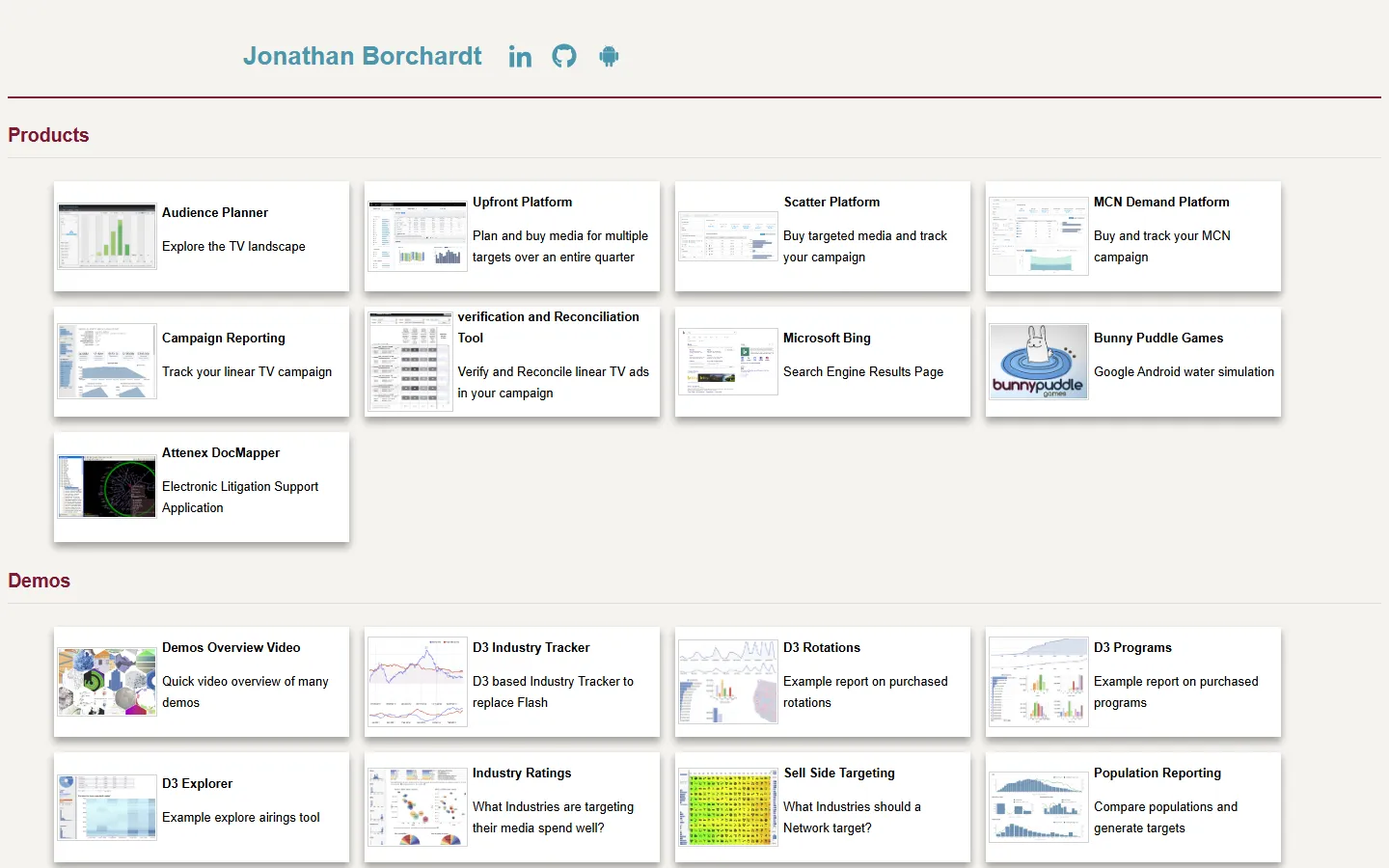 The portfolio landing page, a card grid of Products led by Audience Planner above a Demos section