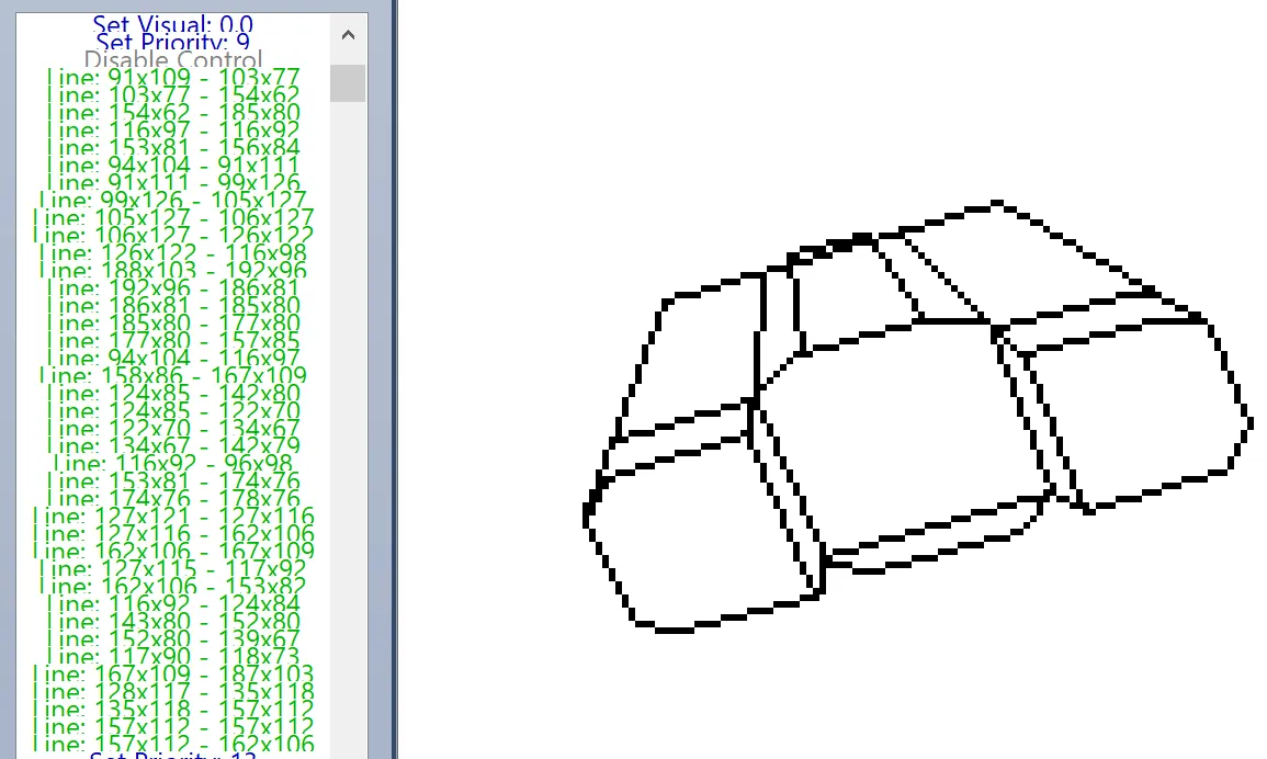 A PIC editor listing Line commands beside the crashed-spaceship wireframe those lines draw