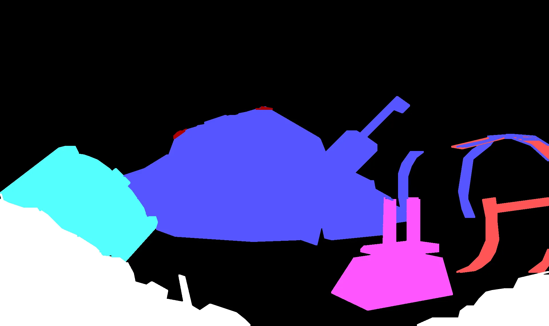 The hangar priority map: flat cyan, blue, magenta and red regions on black, one per depth band