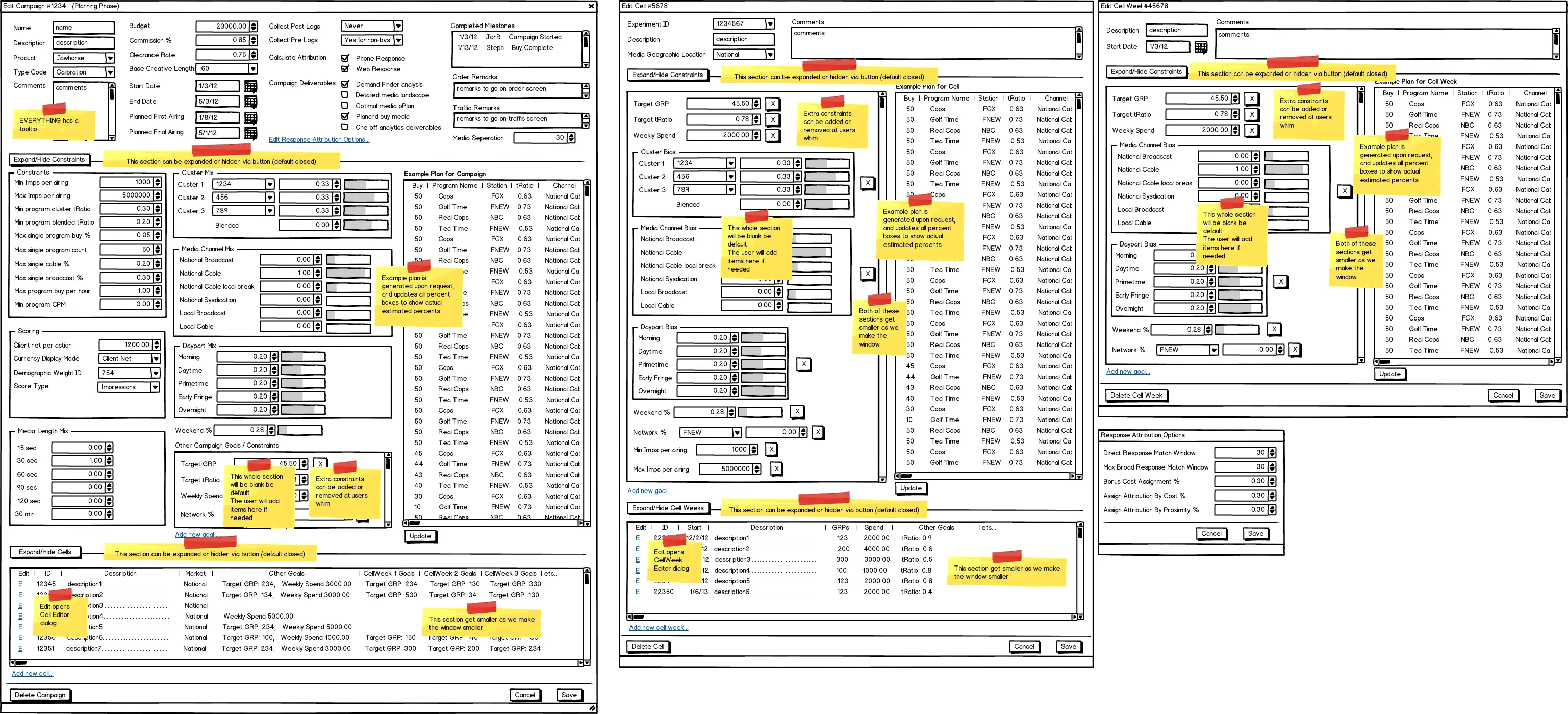 Three Balsamiq wireframes: Edit Campaign, Edit Cell and Edit Cell Week dialogs with callout notes