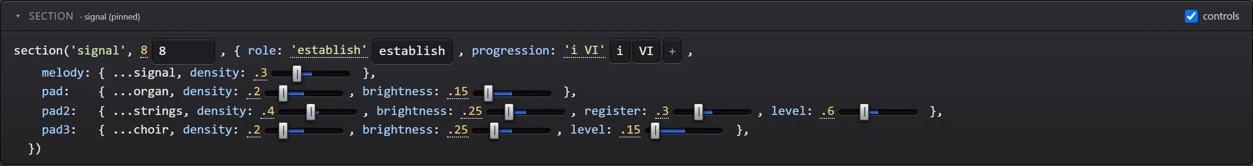 A section of song source code with a slider, menu or button placed after each value