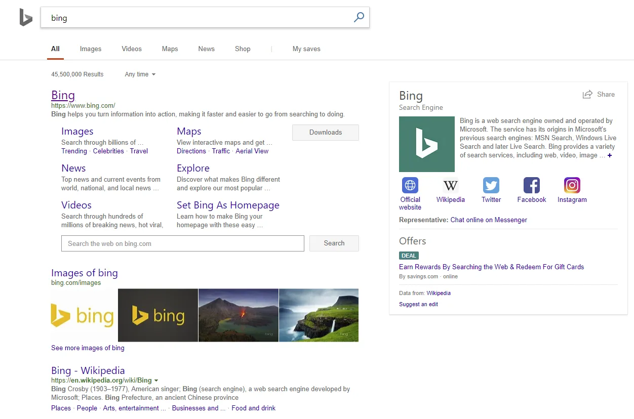 A Bing search results page for the query bing, with a results list and a right-rail entity card