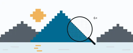 A blocky Sierra-style landscape with a loupe revealing one edge redrawn smooth on a fine 6x grid