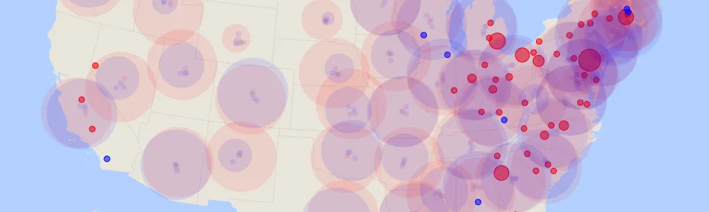 A US map crowded with overlapping red Coke and blue Pepsi spend circles at prime time