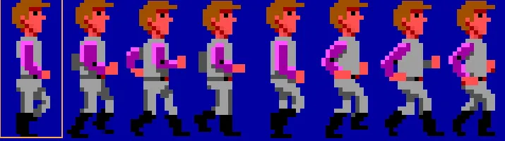 Eight-frame walk cycle of Space Quest's Roger Wilco as native pixel art on a blue background