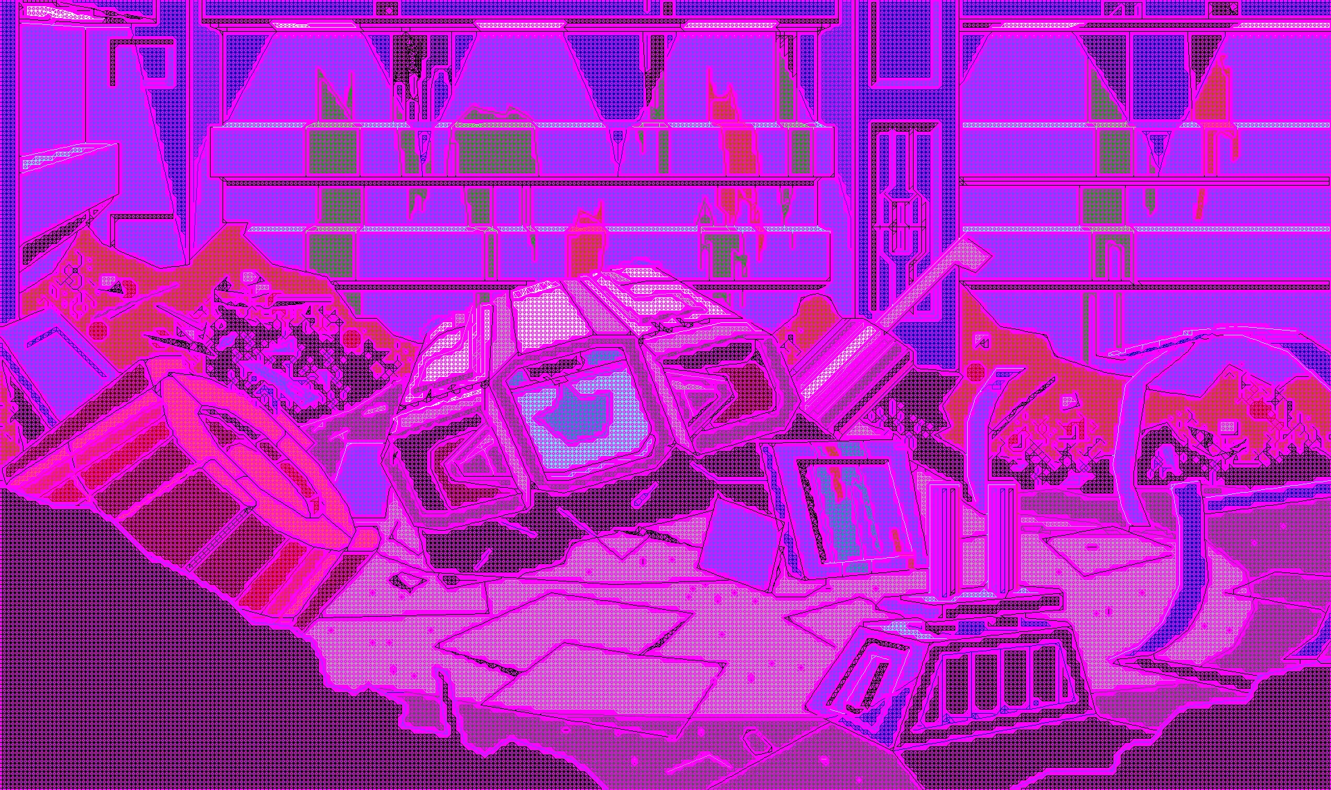Pre-enhance hybrid render: anchor strokes and dots trace the scene over a hot-pink unwritten field