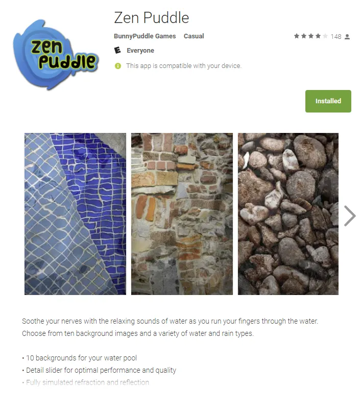 Zen Puddle Play Store listing with background texture thumbnails for tile, brick, and stone