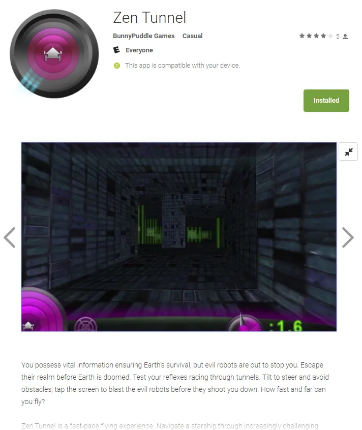 Zen Tunnel Play Store listing showing a dark tiled tunnel with glowing green obstacles
